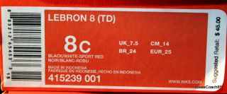 Nike Lebron 8 VIII TD Toddler 415239 001 Black White Red Sizes 4c 8c