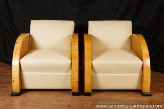 Pair Art Deco Club Chairs Blonde Walnut Seat 1920s Furniture