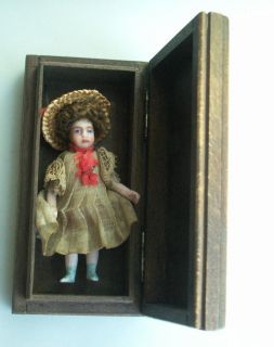 Old Antique Victorian Bisque Head German Dolls House Doll Miniature Chair Boxed