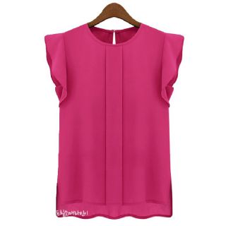 Women European Fashion Round Neck Flouncing Short Sleeve Chiffon Shirt B2015C