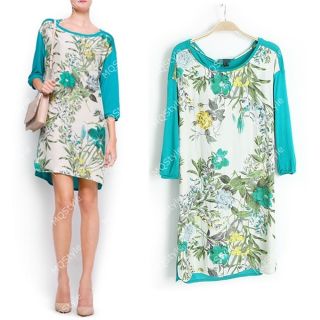 New Womens Fashion Summer Flower Print Crewneck Short Sleeve Mini Dress B2682