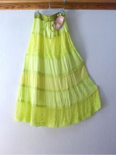New Lapis Long Lime Kiwi Green Lace Peasant Boho Maxi Dress Skirt 8 10 M Medium