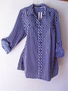 New Blue White Stripe Button Roll Sleeve Blouse Plus Shirt Top 26 28 3X