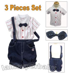 6 24M Baby Boy 3 Pcs Set Shirt Dungarees Shorts Bow Tie 4 Wedding Summer