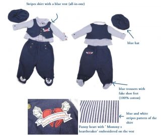 Newborn Baby Boy 3 Piece Set Vest Hat Trousers Marine Style Wedding Suit Outfit