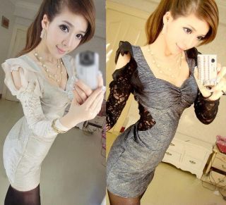 Womens Korean Fashion Sexy Flouncing Lace Sleeve V Neck Dress 2 Colors E412 TQ