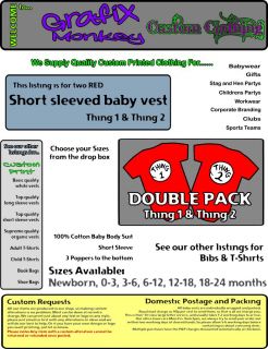 Red Baby Vest Twin Pack "Thing 1" "Thing 2" 6 Sizes Funny Vest Fancy Dress