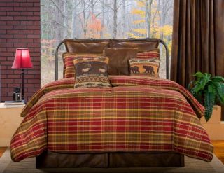 4pc Red Olive Green Tan Brown Plaid Lodge Style Faux Leather Comforter Set Queen