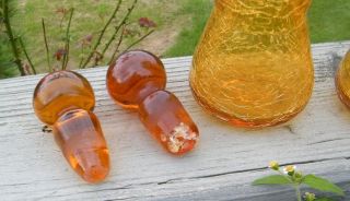 2 Vintage Blown Amber Crackle Blenko Old Antique Glass Decanter Bottle Cruet Set