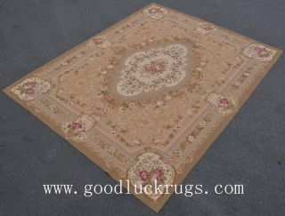 8'8"x11'1" Tan Beige Sage Green French Aubusson Design Wool Needlepoint Area Rug