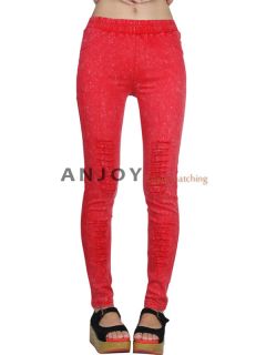 New Candy Color Cut Out Punk Ripped Woman Stretch Pencil Pants Jeggings Trousers