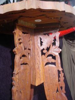 Vintage India Teak 3 Leg Archana Carved Inlaid Folding Wood Plant Stand Table