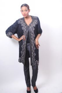 Plus Size Vtg Black Silk Beaded Deco Sequin Kimono Long Duster Dress Jacket 5X