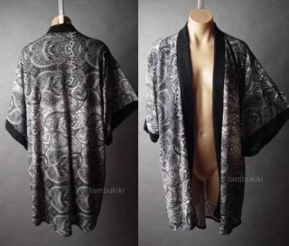 Black White Paisley Print Long Duster Cardigan Women Kimono Wrap 55 AC Jacket S