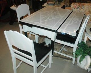 Art Deco Dining or Kitchen Table with 4 Chairs Metal Top Wood Base