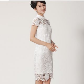 Black White Chinese Women's Handmade Lace Mini Dress Cheongsam Sz 6 8 10 12 14
