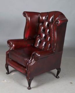 Vintage Antique Style Queen Anne Leather Wing Back Arm Chair Red Buttoned
