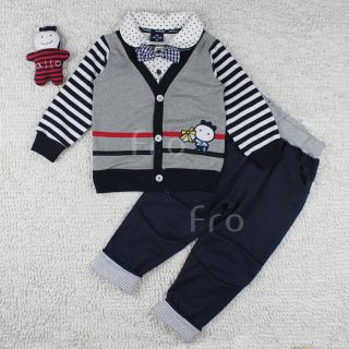 New 2 Pcs Boys Kids Bow Tie Baby Long Clothes Top Pant Set Suit Outfit Clothing