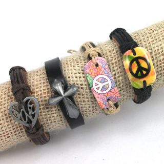 4pcs Cross Love Flower Peace Charms Pendant Genuine Leather Bracelets for Gift