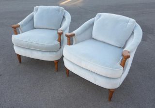 Pair Two Vintage Club Chairs Mid Century Modern "Thomasville" Baby Blue Velvet