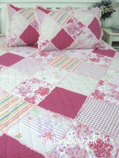 Chic Pink Pinkish Red Roses Patchwork Ruffled Bedspread Quilt 3pcs Set King