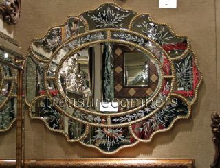 Large Oval Gold Studded Venetian Wall Mirror Etched Flower █▬█ O ▀█▀