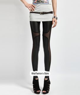 Sexy Black Faux Leather Gothic Leggings Side Sheer Skinny Leggings Pants Clubing