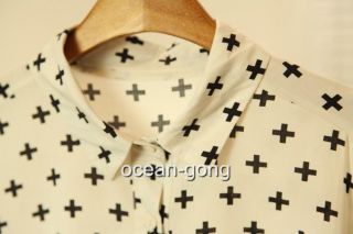 Vintage Black Beige Women Cross Print Top Blouse Shirt Stylish Causal Top