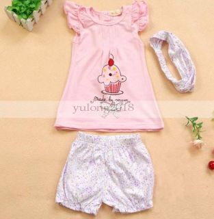 Lovely 3pcs Kid Baby Girl T Shirt Top Pants Headband Outfit Clothes Pink Cake