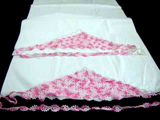 Vintage Pillowcases Cotton with Pink Crochet Lace Trim Unfinished