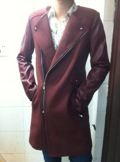 New Womens European Fashion Faux Leather Splice Wool Trench Coat Wine Red B698