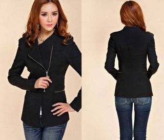 Women Long Sleeve Blazer Coat Zipper Polo Neck Solid Slim Casual Suit Jacket 109