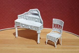 Dollhouse Miniature White Wire Corner Desk and Chair