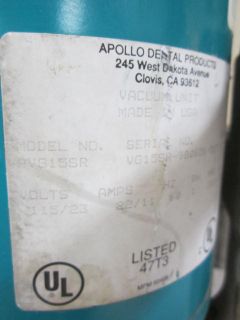 Apollo Dental ADP Wet Ring Vacuum Pump Unit Model AVG15SR