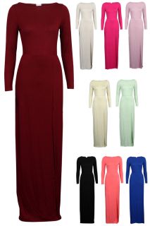 New Ladies Jersey Womens Long Sleeved Side Thigh Split Maxi Party Summer Dress