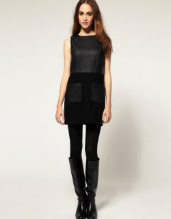 New Womens European Fashion Faux Leather Splicing Sleeveless Dress Black B794