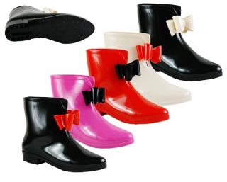 Womens Ladies Front Bow Fashion Ankle Winter Rain Wellies Wellington Gum Boots