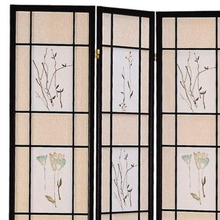 4 Folding Screen Panels Divider Black Frame Flower Floral Print Wood Shoji Room