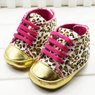 New Style Baby Girl Leopard Gold Crib Shoes Walking Sneaker Size 1 2 3
