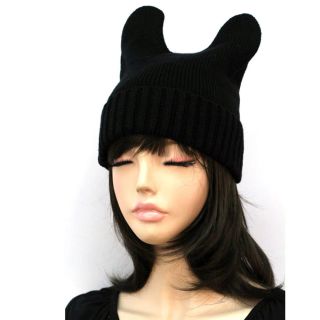 Casual Children Womens Party Cute Black Woven Beanie Bunny Ears Hat