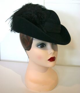 Vintage Pheasant Feather Hat 100 Wool Doeskin Felt 1940s