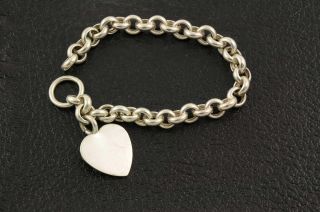 925 Sterling Silver Bright Chunky Rolo Link Chain Blank Heart Charm Bracelet