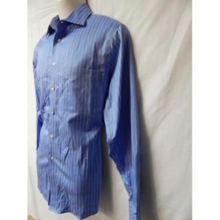 Mens Calvin Klein Premium Blue Stripe Button Front Shirt Non Iron 15 5 x 35 EXC