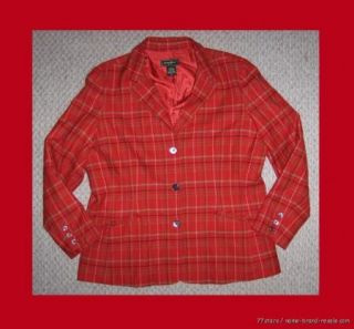 Eddie Bauer Red Plaid Wool Jacket Blazer Womens Size XL