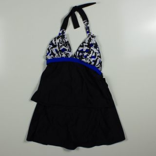 Womens Slimshaper 2 Piece Black Print Halter Skirt Tankini Swimsuit Size 14