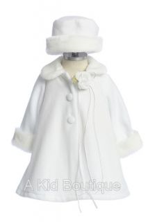 New Baby Girls A Line White Fleece Coat Jacket w White Fur Trim Hat Winter