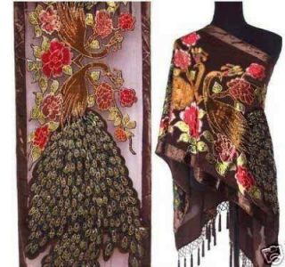 100 Silk Chinese Women's Silk Embroider Shawl Scarf Peafowl Coffee