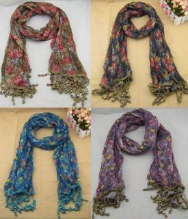 Ladies Women's Floral Flower Print Scarf Wrap Silver Beaded Tassels Jewellery