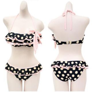 New 2 Pieces Pink Polka Dot Bikini Swimsuit Padded Halter Ruffle Swimwear Bikini