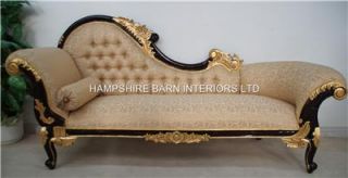 Chaise Longue Large Ornate Mahogany w Gold Cream Lounge Sofa French Style